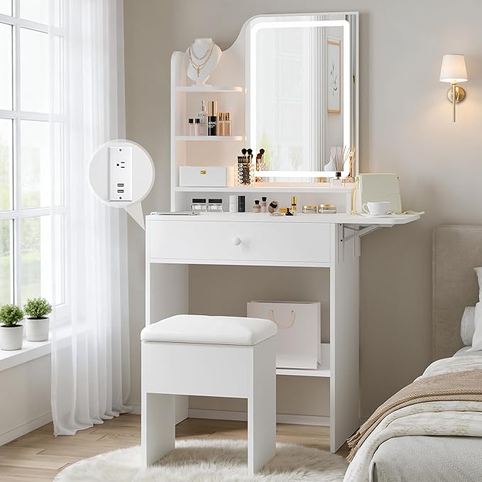 FUXA Small Vanity with Chair, Makeup Vanity Desk with LED Mirror and 3 Light Modes, Girls Vanity Set with Charging Station, Compact Vanity Table with Foldable Top for Small Spaces, White