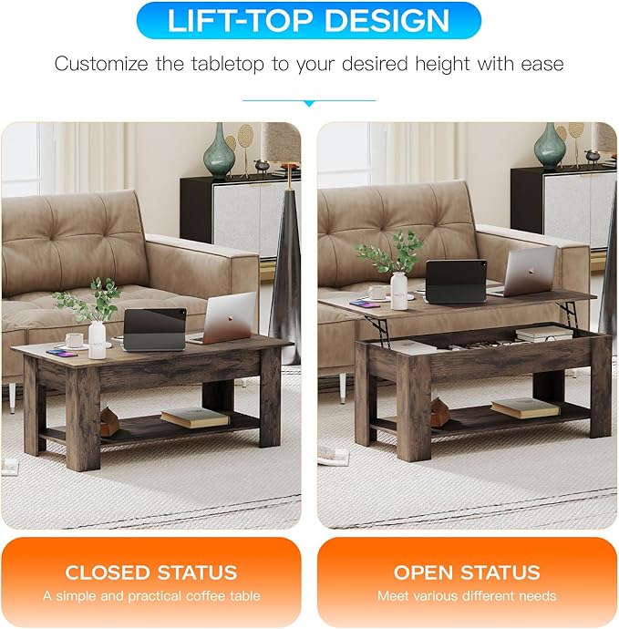FDW 39.4" Lift Top Coffee Table with Hidden Compartment and Storage Shelf Wooden Lift Tabletop for Home Living Room Reception Room Office,Dark Brown