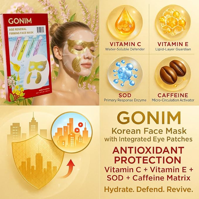 GONIM Korean Face Mask with Integrated Eye Patches with PDRN, Caffeine, Retinol, Collagen Face Mask, Hydrating Face Masks, Hyaluronic Acid Serum Sheet Mask Korean Skin Care Anti Aging 35ml/1.18ozx4