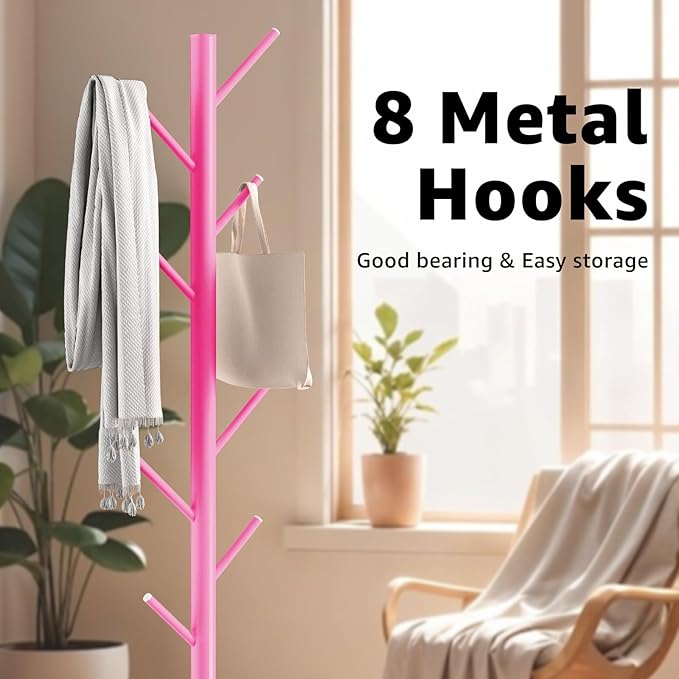 HzTinT Coat Rack with Natural Marble Base, Metal Freestanding Coat Rack with 8 Hooks, 3 Adjustable Size Sturdy Coat Tree for Bags, Coats, and Hats for Entryway, Hallway, Bedroom, Office, Pink