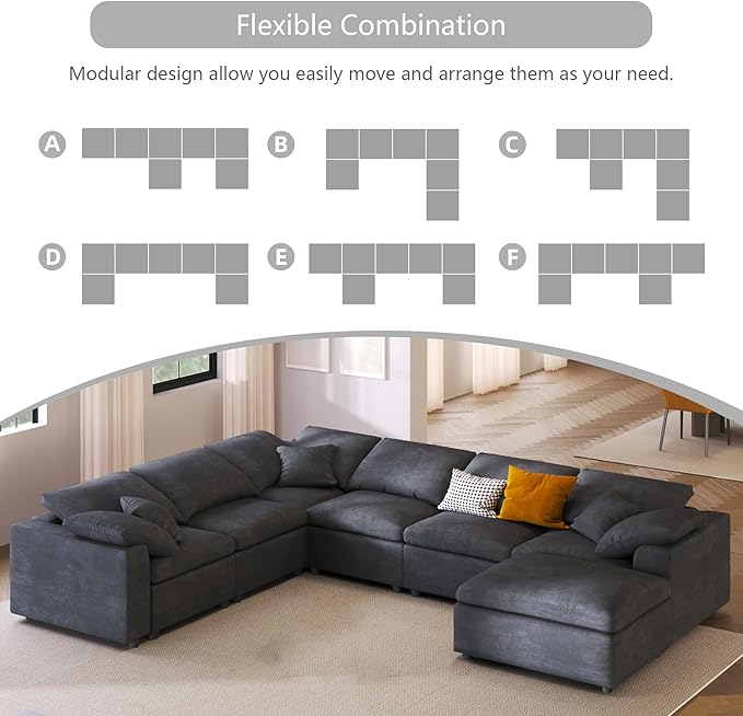 Oversized Modular Sectional Sofa Couch, Large 7 Seater Corner Sofa Modern U Shaped Sectional Couch with Ottoman Cloud Couches for Living Room, Office, Spacious Space, Gray