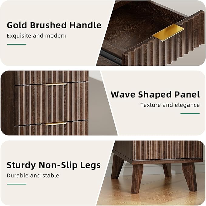 Kalrin Charging Nightstand with Hidden Outlets & 3 Drawers, Modern End Table, Bedside Table with USB Ports, Wave Groove Design, Compact Size, Heavy Duty Engineered Wood, Vintage Brown