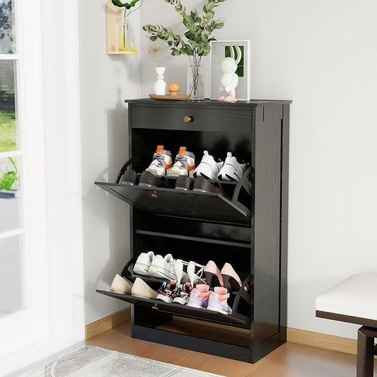 FTZxHKLX Shoe Cabinet with 2 Flip Drawers, Slim Freestanding Hidden Shoe Organizer with Drawer, Pet-Proof Shoe Storage Cabinet for Entryway Living Room Behind The Door, Black