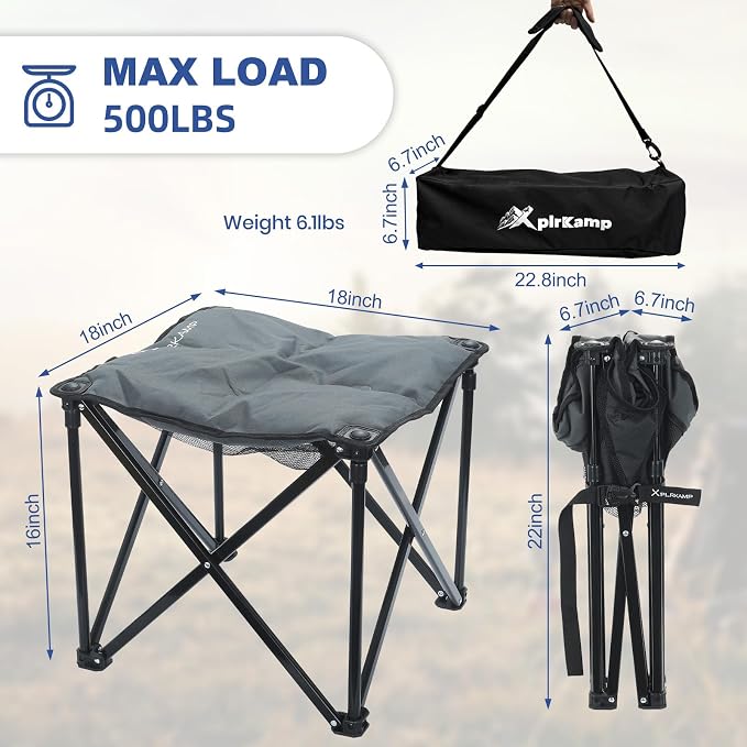 Padded Camping Stool, 18 Inch Oversized Camping Foot Rest, 500lb Outdoor Folding Camp Chair Portable Camping Ottoman for Camping Gardening w/Storage Net, Carry Bag (2, DarkGreen)