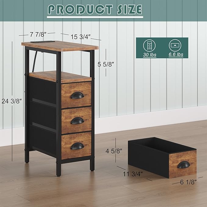 sthmec End Table with Charging Station,LED Side Tables with USB Ports and Outlets,Skinny Bedside Table with 3 Drawers,Small Nightstands for Small Space,Slim Sofa Table for Livingroom,Rustic Brown