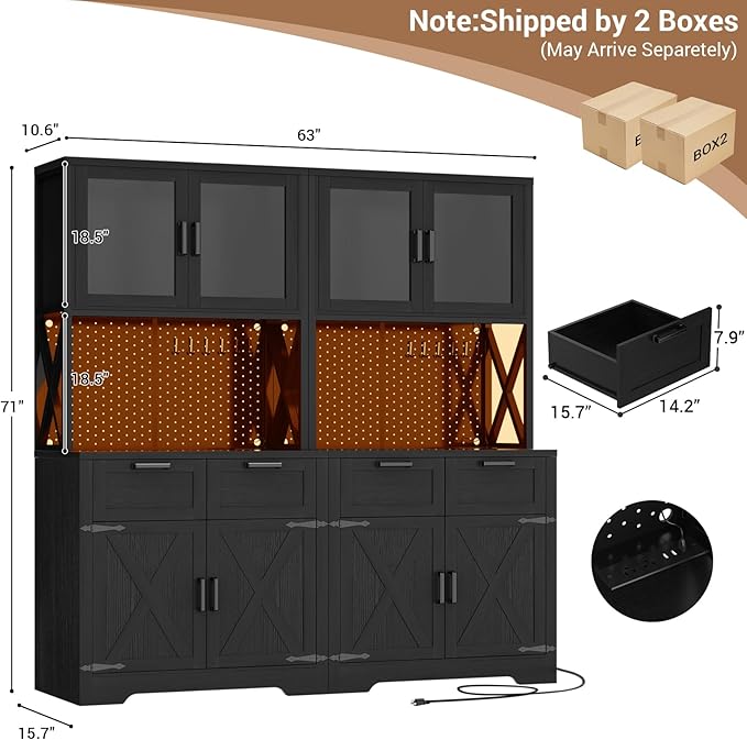 Unikito 71" Tall Kitchen Pantry Storage Cabinet with LED Light & Outlet, 63" Wide Kitchen Hutch Cabinet with Large Countertop, DIY Pegboard and Drawers, Farmhouse Food Pantry for Living Room, Black