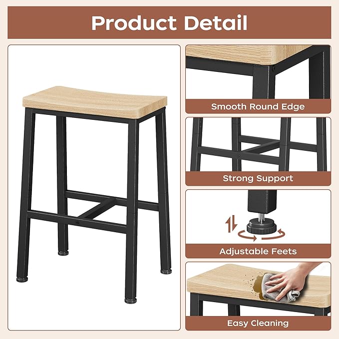 Homeiju Bar Stools, Counter Height Bar Stools Set of 2, 23.6 Inch Saddle Stools with Footrests, Industrial Kitchen Counter Seat for Dining Room, Kitchen, Counter, White Oak