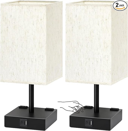 Bedside Table Lamps Set of 2 - Touch Nightstand Lamp for Bedroom with USB C+A Charging Ports & AC Outlets, 3-Way Dimmable Desk Lamp Flaxen Fabric Shade for Living Room Office(Bulb Included)