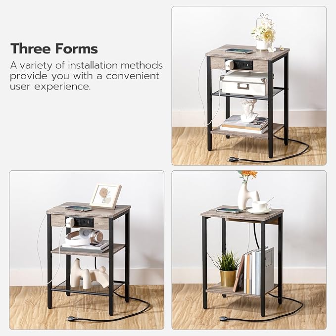 HOOBRO Side Table with Charging Station and USB Port, Small End Table for Small Space, 3-Tier Nightstand with Adjustable Shelf, for Living Room, Bedroom, Greige and Black BG112BZ01