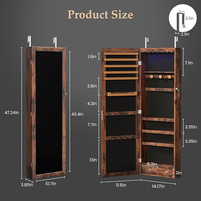 DUMOS Jewelry Armoire Cabinet with Full Length Mirror, 47.2" Wall Mounted or Over the Door Jewelry Organizer with 33 Necklace Hooks, Lockable Large Capacity Jewelry Armoire with Drawers, Rustic Brown
