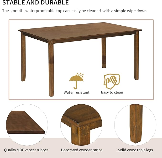 Merax 6-Piece Wooden Kitchen Dining Table Set with 4 Fabric Chairs and Bench, Family Furniture, Natural Cherry