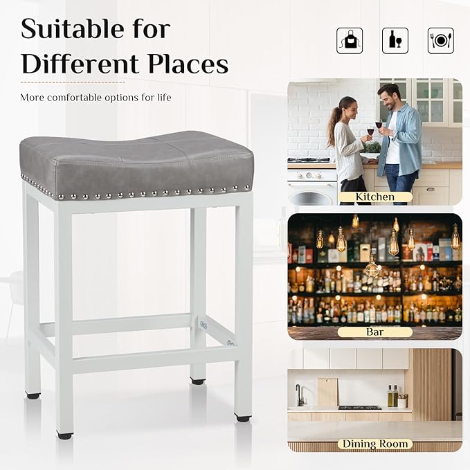 Sweetcrispy 24 inch Bar Stools Set of 6, Upholstered Modern Counter Height Bar Stools for Kitchen Island Modern PU Leather Sadless Stools Chair with Metal Base and Footrest,Grey