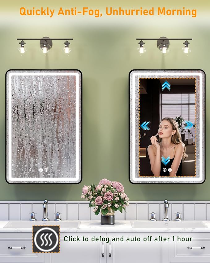 20x30 Inch Lighted Medicine Cabinet with Mirror, LED Bathroom Mirror with Storage Wall Mounted & Recessed Mounted, Anti-Fog, Dimmable 3 Lighting Colors, Memory Function, 3 Shelves & 1 Organizer, Black