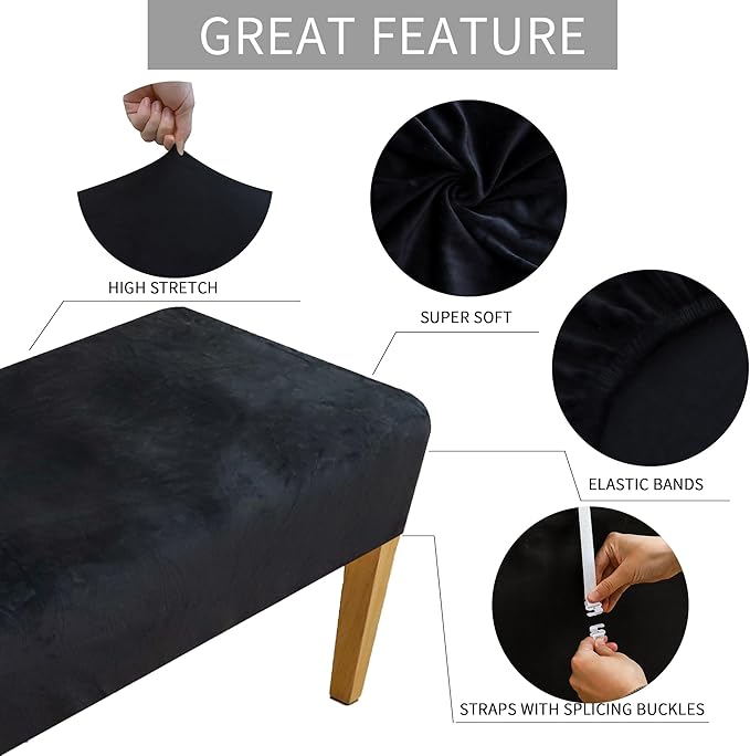 FORCHEER Black Velvet Dining Chair Covers with Bench Slipcover for Dining Room Stretch Dining Table Chair Covers 4 and A Bench Cover Removable Washable