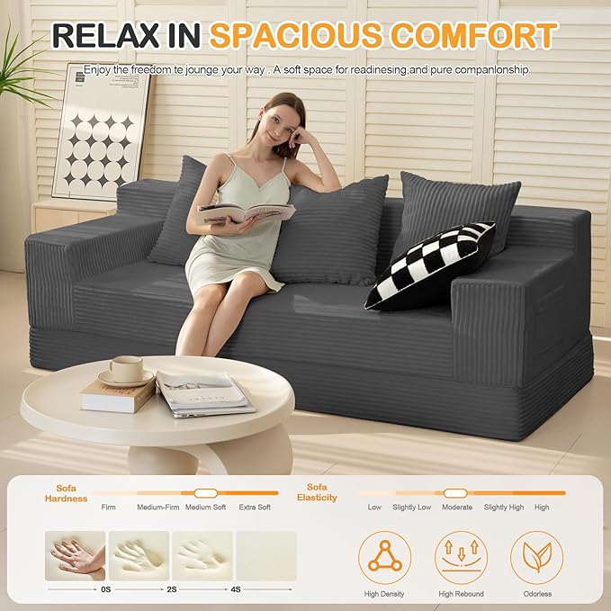 Erament 3 Seater Boneless Couch Sofa Bed, 78'' Corduroy Oversized Loveseat Folding Sofas Bed, Compression Convertible Futon Floor Couch Sofa Beds with 3 Pillows for Living Room Bedroom Apartment