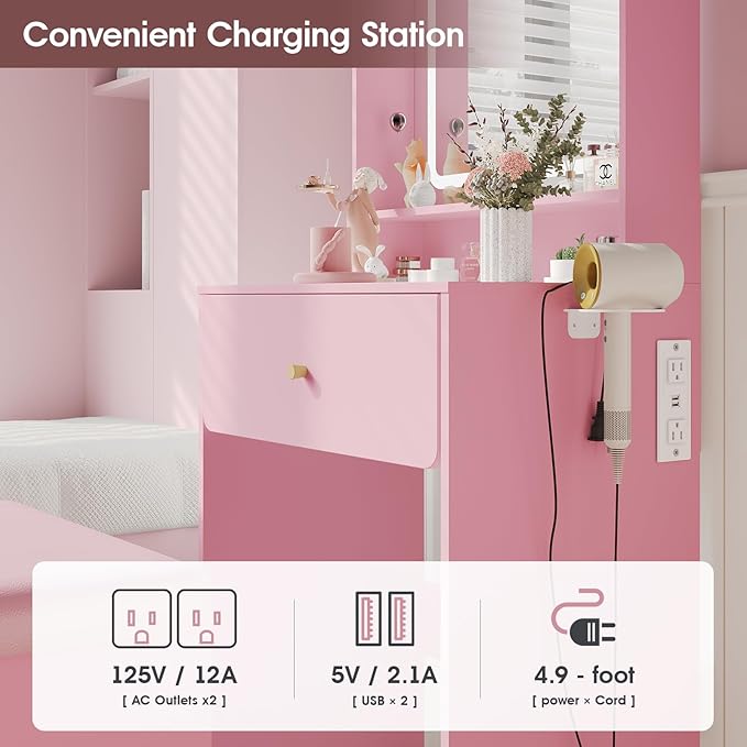 Vabches Small Vanity Desk Set with 3 Adjustable Lighted Mirror and Storage Chair, Vanity Set with Charger Station, Small Spaces Vanity Table for Bedroom，Pink