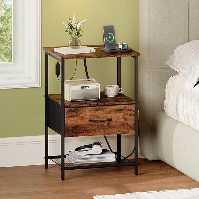 Somdot Nightstand with Charging Station and LED Light for Bedroom, Bedside Table End Table for Dorm Guest Room Bedside Kids Laundry Closet Entryway Hallway, Wood Grain Print