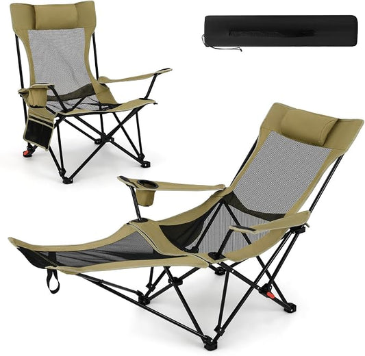 Tangkula Reclining Camping Chair, 2 in 1 Porable Folding Lawn Chair with Removable Footrest, 4-Position Adjustable Backrest, Cup Holder & Side Pocket, Carry Bag (1, Green)