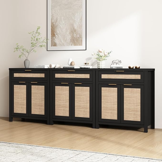 HOKYHOKY Rattan Sideboard Buffet Cabinet, Boho Storage Cabinet with Adjustable Shelf, Farmhouse Credenza Coffee Bar Cabinets with Doors & Drawer for Living Room, Hallway & Kitchen, Black