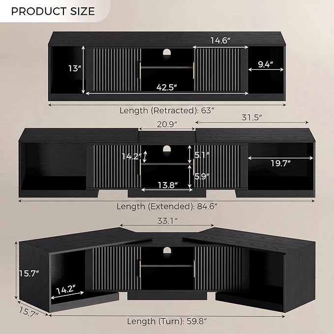 IRONCK TV Stand for 55-80 Inches TVs, 63"-84.6" Adjustable Length, Extendable Corner Entertainment Center with Storage Cabinets, Fluted Doors Modern Media Console, Ideal for Living Room, Black