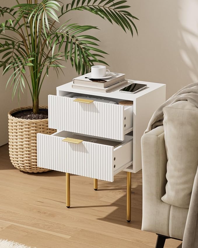Aienvey Night Stand, Modern Nightstand with Drawers, Bedside Table, Gold Small Side Table for Bedroom, Living Room End Table (White Stripe, 2 Drawers)
