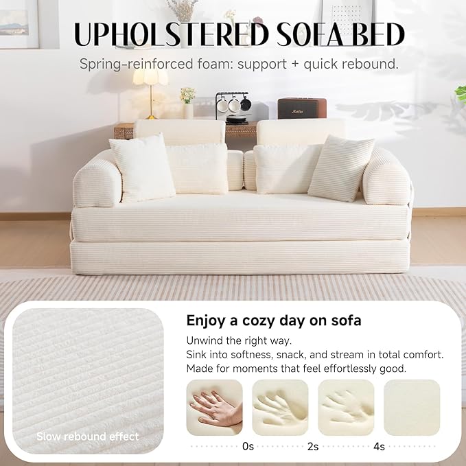 79" Convertible Boneless Couch for Small Spaces, 6-in-1 Corduroy Sofa Bed with High Backrest, Pillows, High-Density Foam Loveseat Sleeper Couch in a Box for Living Room, No Assembly, Beige