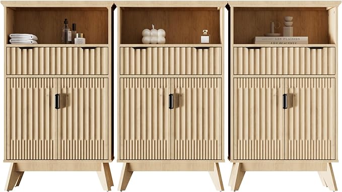Fatmok Buffet Cabinet with Storage Set of 3, 40" Modern Fluted Coffee Bar Cabinet with Drawer & Open Shelf, Wood Buffet Sideboard Console Table for Entryway, Kitchen, Living Room (Natural Wood)