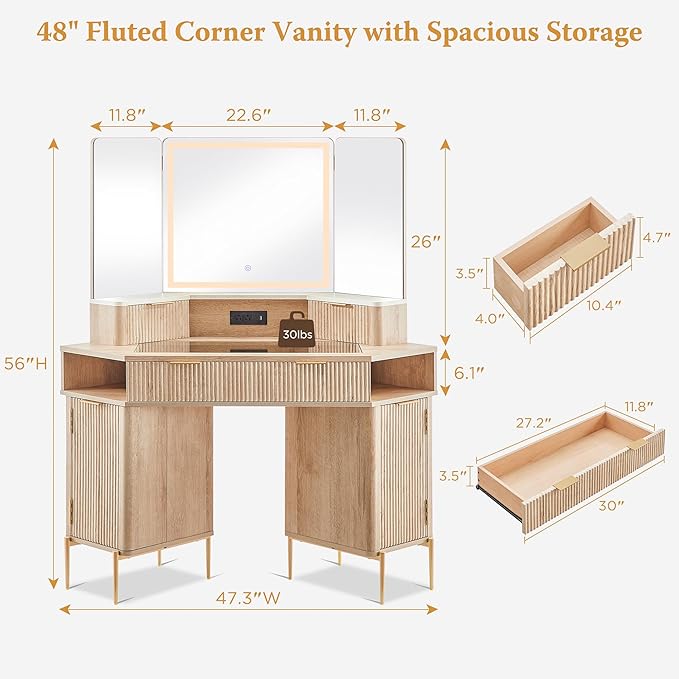 T4TREAM 48" Fluted Makeup Vanity Desk with HD Triple Mirror and Lights, Large Lighted Corner Vanity with Glass Top, Modern Dressing Table with 3 Drawers & 2 Cabinets for Bedroom, Natural Oak