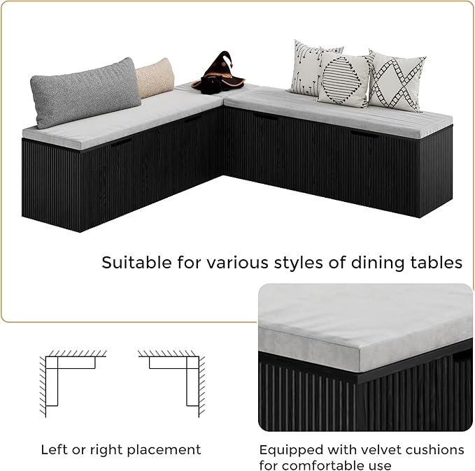 Mekminop Kitchen Breakfast Nook Bench, Backless Wood Corner Bench with Cushion Seat, L Shape Dining Bench with Hidden Storage Space, Black