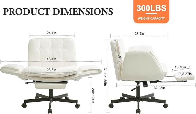 Criss Cross Chair with Footrest & 5 Level Folding Arms Full Relaxation, Wide Cross Legged Office Chair for Home Office, Comfy Swivel Desk Chair with Ottoman, Chenille Vanity Chair (White)