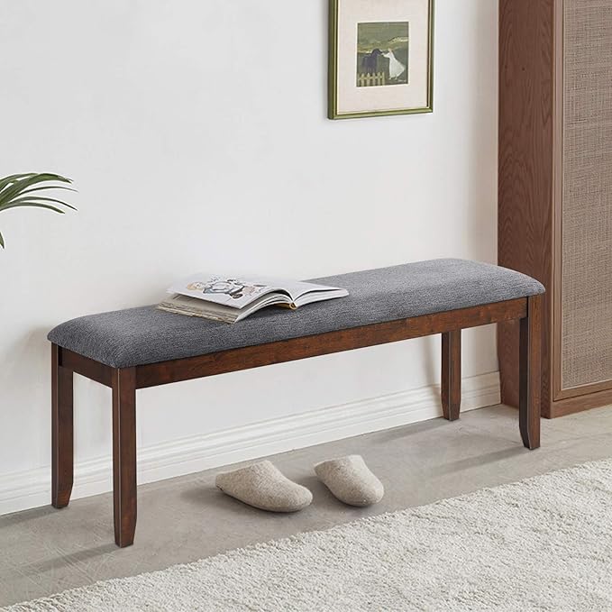Giantex 2-Pack Dining Room Bench with Upholstered Padded Seat, Wood Bench for Bedroom, End of Bed, Entryway, Kitchen, 47.5” x 15.5” x 19.5” Ottoman, Indoor Rubber Bench Seat, Grey