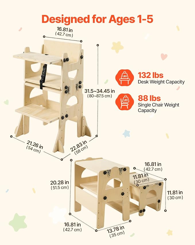VEVOR 5-in-1 Toddler Kitchen Step Stool, Foldable Learning Standing Tower with Blackboard & Whiteboard, Wooden High Chair with Adjustable Back & Footrest, Kitchen Stool Helper with Detachable Stool