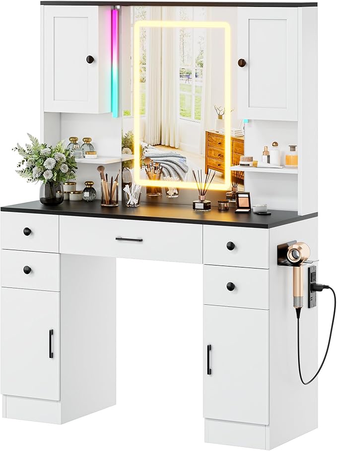 KAMABOKO Vanity Desk with Mirror and Lights, Makeup Vanity Table with Drawers & Shelves, Power Outlet, Dressing Table with Jewelry Storage for Bedroom (051 Black)