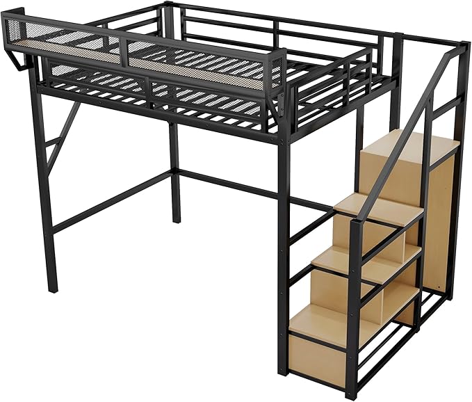 KEIKI Full Size Metal Loft Bed Frame with Convertible Staircase, Built-in Storage Shelves and Wardrobe, Loft Bed with Solid Slats, Guardrail, No Box Spring Required, Easy Assembly, for Bedroom, Black