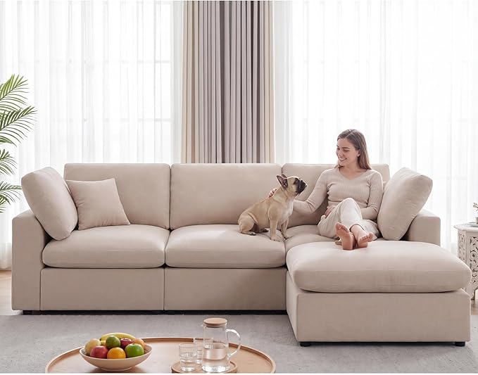 Modular Cloud Sectional Couches for Living Room, Large Modular Sectional Sofa with Ottoman, L Shaped 3 Seater Couch with Pillow, Beige - Chenille