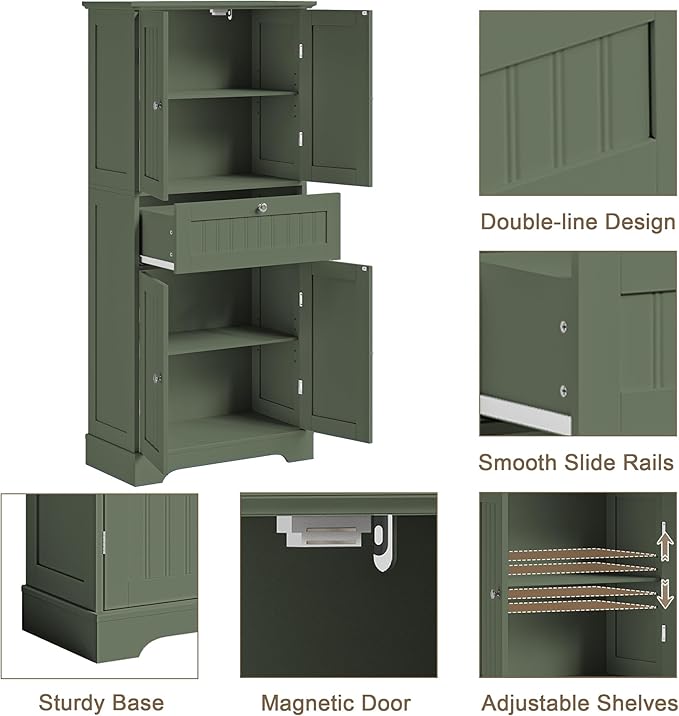ChooChoo 51" H Tall Bathroom Floor Cabinet, Modern Bathroom Storage Cabinet with Drawer and Adjustable Shelves, Freestanding Kitchen Pantry Cupboard with 4 Doors for Living Room, Green