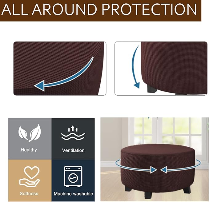 Stretch Ottoman Slipcover – Round Furniture Protector Fits 24"-29" Dia, for Footrests, Storage Ottomans & Folding Stools – Elastic Fabric Cover (Brown, Large)