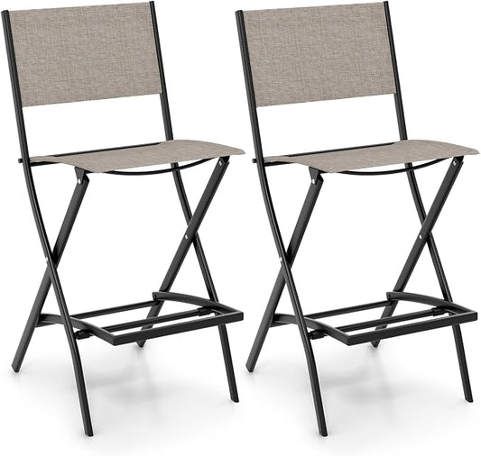 Giantex Folding Patio Bar Chairs Set of 2, Outdoor Counter Height Bar Stools with Footrest & Back, All-Weather Resistant, Metal Frame, for Porch Deck Lawn Garden, Light Brown