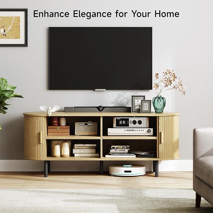 ONBRILL 55" TV Stand with Power Outlet for TVs up to 60 Inch, Entertainment Center with Storage and Adjustable Shelves, Modern Media Console with Sliding Doors for Living Room, Oak
