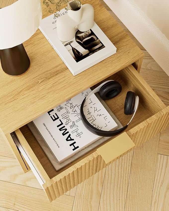 Aienvey Night Stand, Modern Nightstand with Drawers, Bedside Table, Gold Small Side Table for Bedroom, Living Room End Table (Oak Stripe, 2 Drawers)