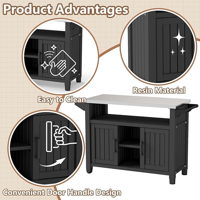 EasyUp Outdoor Storage Cabinet,Patio Storage Table, Bar Table with Wheels,Outdoor Bar Cart for Patio, Poolside and Backyard,Classic Black