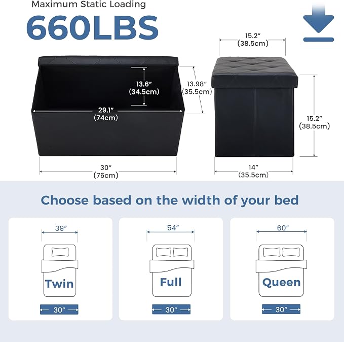 DUMOS 30 Inch Folding Storage Ottoman Bench, Large Hidden Storage Chest withThicker Foam Padded Seat, End of Bed Foot Rest Stool for Bedroom Living Room Entryway, Load 660 lbs, Black