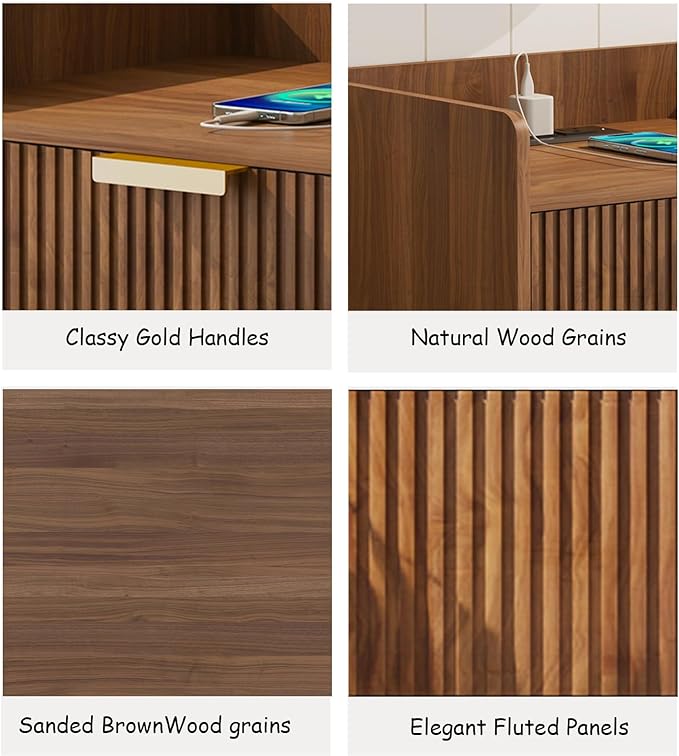 Arbuxzuy Floating Nightstand Set of 2 with Charging Station, Modern Wall Mounted Bedside Table with Drawer & Open Shelf, Minimalist Wooden Night Stand for Bedroom (Walnut Brown)