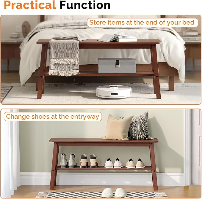 VINGLI Solid Wood Dining Bench 39" Wooden Bench for Entryway, Bedroom, Kitchen & Living Room, with Shoe Rack Storage, Walnut