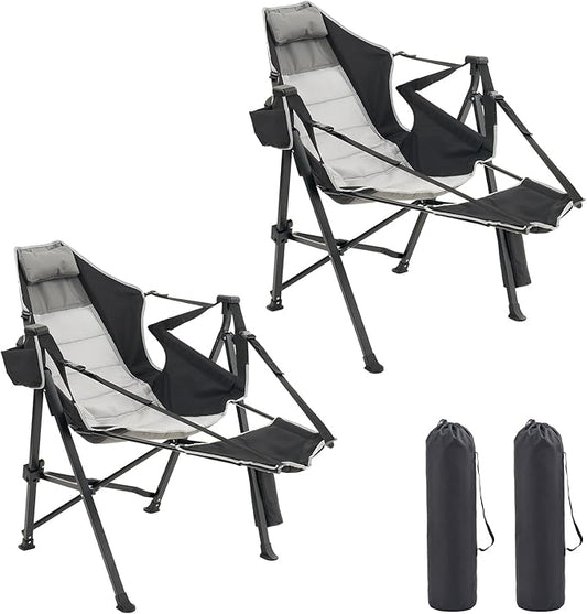 Hammock Camping Chair 2 Pack with Removable Footrest, 400lbs Heavy Duty Portable Swing Chair Outdoor with Adjustable Back, Foldable Camping Chair with Headrest and Cup Holder for Camping, Patio, Lawn