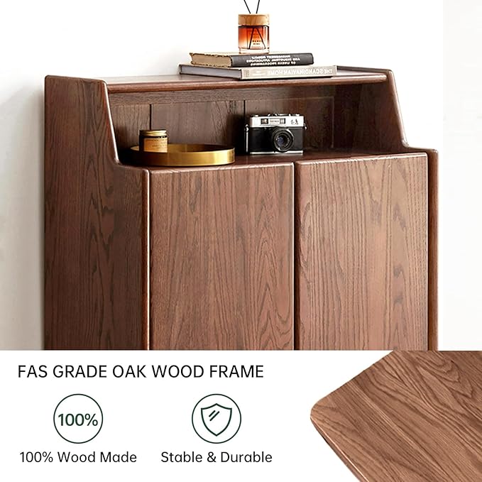 Solid Wood Shoe Cabinet with Doors, Shoe Storage Cabinet with 4-Tier Adjustable Shelves, Mid Century Modern Shoe Rack Cabinet for Entryway, Hallway, Oak Wood, 13.8" x 31.5" x 43.3", Walnut