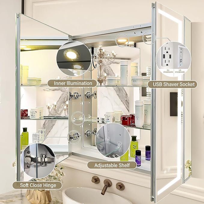 LED Medicine Cabinet,Bathroom Mirror Cabinet with Lights,30×32inch,Equip with Internal Light,Aluminum Construction,USB Shaver Socket,3 Color,Dimmer,Demister,Surface Mounted and Recess Mounted