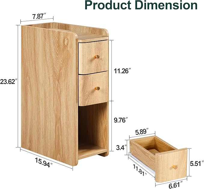Narrow End Table Bedroom, Wooden Small 2 Drawer Nightstand, Thin Couch Side End Table, Skinny Bedside Table Small Spaces, Mid Century Modern Night Stand with Drawers (Natural-1 pc)