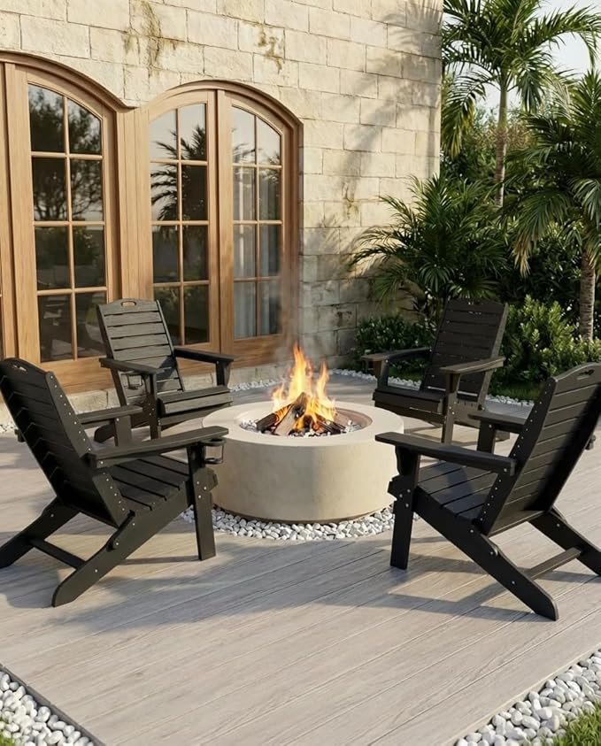 Adjustable Adirondack Chairs Set of 2 with Retractable Ottoman, HDPE Folding Adirondack Chair with Cup Holders, Weather Resistant for Backyard, Poolside & Fire Pit (Black)