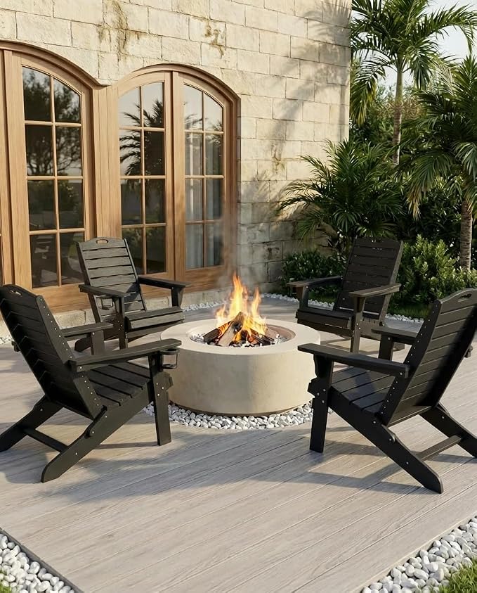 Adjustable Adirondack Chairs Set of 6 with Retractable Ottoman, HDPE Folding Adirondack Chair with Cup Holders, Weather Resistant for Backyard, Poolside & Fire Pit (Black)